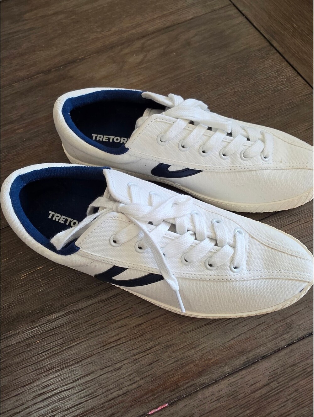 Tretorn White Canvas Sneakers with Navy Accents - Size 8